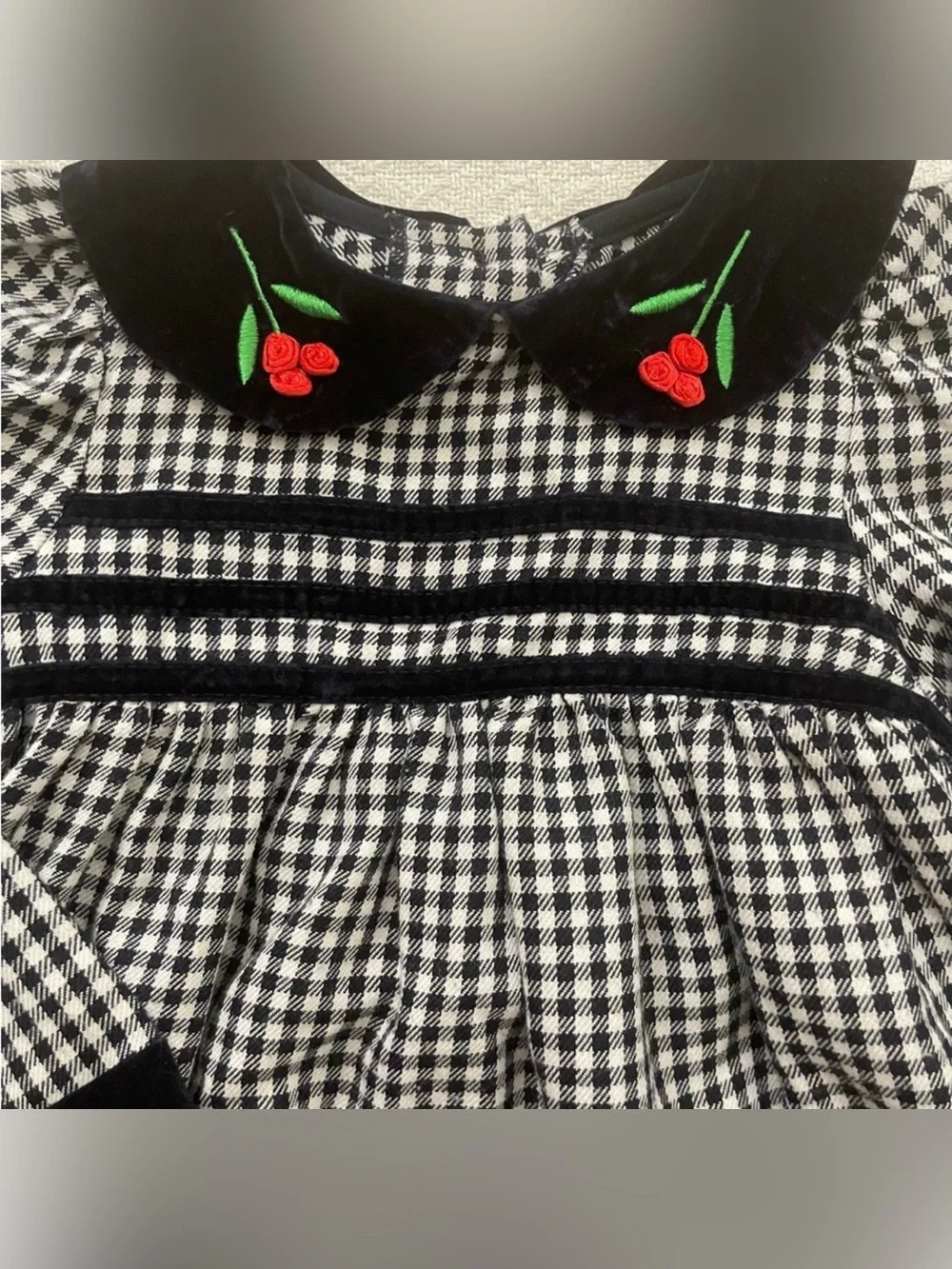 Rare Editions Vintage Black White Checkered Dress Velvet and Embroidered Accents